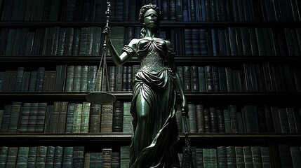 Fototapeta premium A statue of Lady Justice stands before a backdrop of books, symbolizing law.