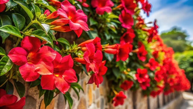 Vibrant red bignonia flowers blooming on a wall , flora, nature, plant, red, bignonia, flowers, blooming, vibrant, colorful, garden