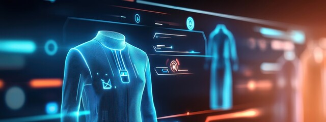 Fototapeta premium Futuristic Digital Interface Displaying Smart Clothing Technology with Interactive Panels and Holographic Elements for Innovative Fashion Design Applications