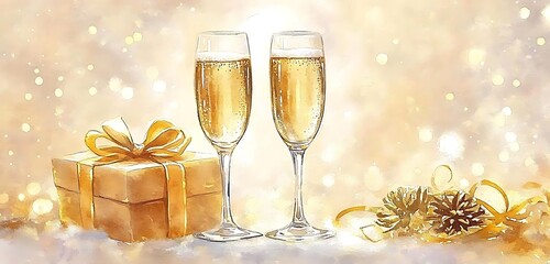 New Year gift set in watercolors with champagne glasses and soft golden light