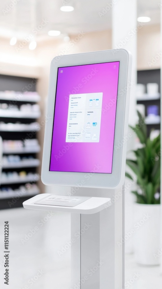 Poster modern interactive kiosk displaying user interface in a sleek retail environment with bright colors 