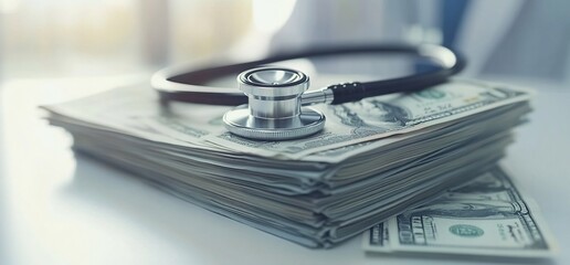 A stethoscope rests on a stack of money, symbolizing healthcare costs.