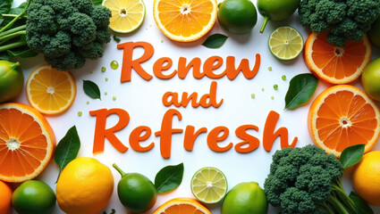 Bright frame with citrus fruits and broccoli on white background with text “Renew & Refresh”.Freshness,health and vitality for use in healthy lifestyle ads, wellness products or summer-themed content