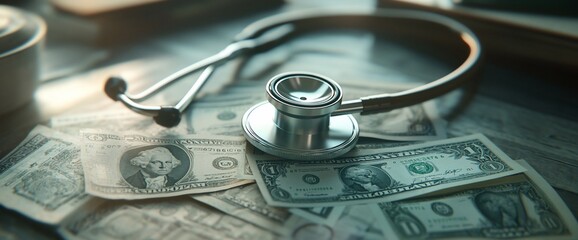 A stethoscope rests on a pile of cash, symbolizing healthcare and finance.