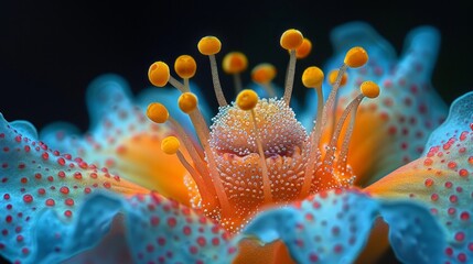 Naklejka premium Close-up of a flower with orange and blue petals and dew drops. AI generative. .