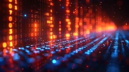Abstract futuristic background with red and blue lights and binary code. AI generative. .