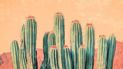 Cactus plants against a peach-colored sky.