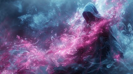 A mysterious hooded figure emerges from swirling pink and blue smoke. AI generative. .