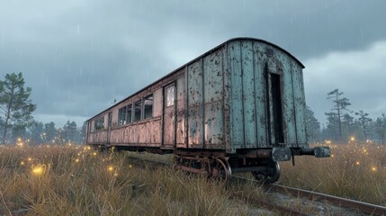 Obraz premium Abandoned Train Carriage in Rain Cinematic HDR Rusted Grassy Field