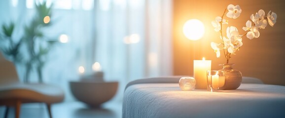 A tranquil spa setting with candles, flowers, and soft lighting for relaxation.