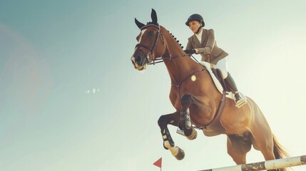 A brown horse and rider jump over a hurdle in a show jumping competition. AI generative. .