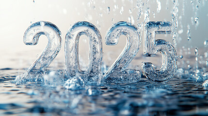 Crystal-clear "2025" numbers emerge from splashing water, symbolizing renewal, clarity, and focus for yearly plans and goals, reflecting a fresh start and adaptability.Generative AI