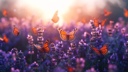 Orange butterflies fly over a field of purple lavender flowers in the warm glow of the setting sun. AI generative. .