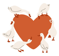 Geese around the heart.
Birds with love. Flat vector illustration. eps10