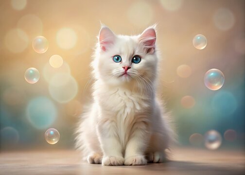 A fluffy white kitten plays amidst pink and blue bubbles.
