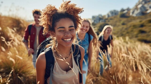 A woman with curly hair smiles brightly in a field of tall grass, wearing a tank top and a backpack. AI generative. .