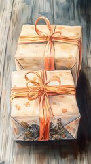 Watercolor New Year gifts wrapped in recycled materials with a warm earthy palette