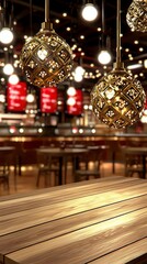 Obraz premium Empty Wooden Table in Fast Food Restaurant Bright Lights Bokeh Interior Design