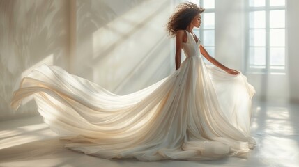 Woman in a white flowing gown standing by a window with sunlight shining through. AI generative. .