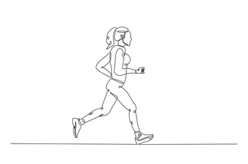 Woman running continuous one line drawing. Jogging abstract single line art illustration. Editable vector.