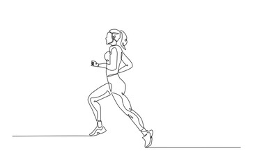 Woman running continuous one line drawing. Jogging abstract single line art illustration. Editable vector.