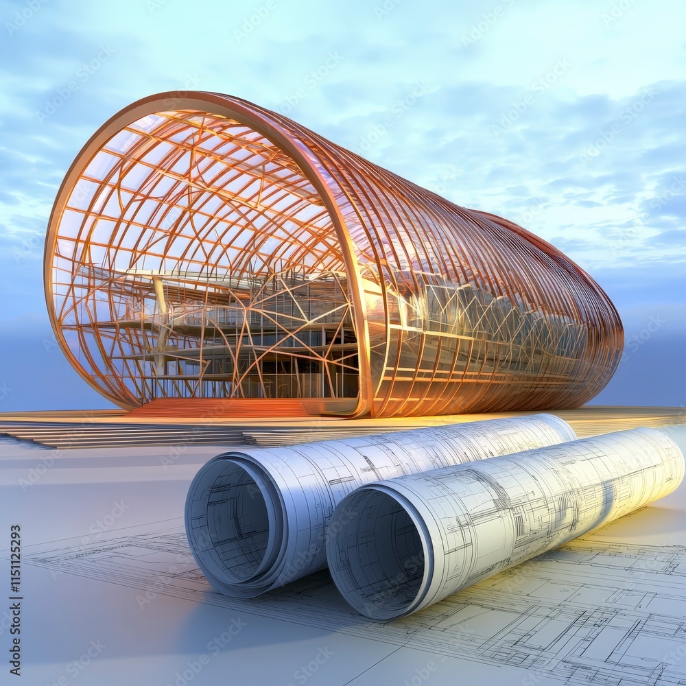 Poster Sustainable Architecture  Modern Building Design  Blueprints   3D Render