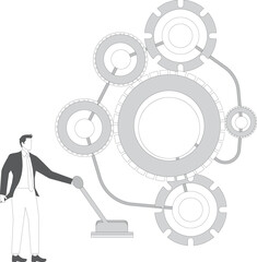 Business optimization and improvement, aligning or repairing business relationships, workflow optimization, driving and solving business problems, seated businessmen cranking the joystick to get the g