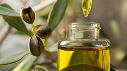 A glass bottle of jojoba oil with a dropper, emphasizing its use in skincare routines and natural beauty care.