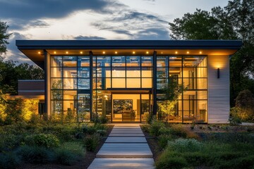 Obraz premium Front view of a high-tech modern home with smart glass windows and sustainable design elements.