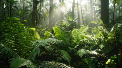 Sunlight shines through a lush, verdant forest, illuminating fern fronds in the foreground. AI generative. .