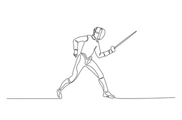 Fencer continuous one line drawing. Fencing sport single line art illustration. Editable vector.