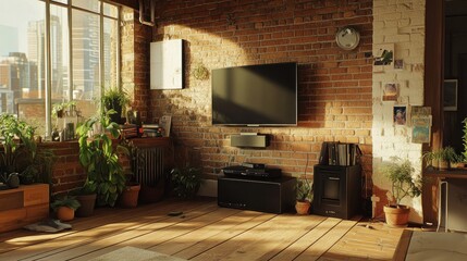 Fototapeta premium Sunlit loft apartment living room with brick wall, plants, and TV.