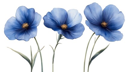 Fototapeta premium Three blue flax flowers isolated on a white background