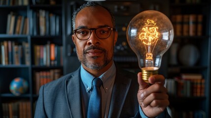 A man in a suit holds a glowing lightbulb in front of a bookshelf. AI generative. .