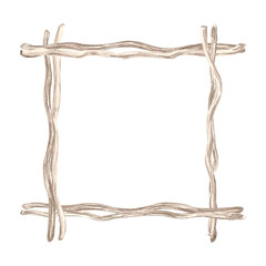 Wooden square frame made from sea driftwoods. Hand drawn watercolor illustration isolated. Border made of old dried branches. Marine stile. Copy space for text. Template for postcard, textile, print.