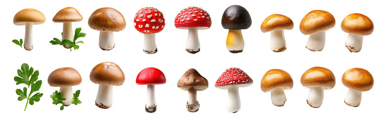 Obraz premium Set of mushrooms in various colors isolated on a transparent background