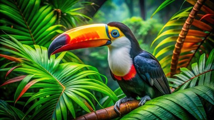 Naklejka premium Toucan in Jungle - AI Photorealistic Aerial Close-Up