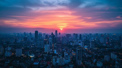 Fototapeta premium A sprawling cityscape with a vibrant sunset and glowing lights. AI generative. .