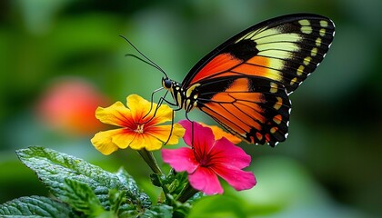 Fototapeta premium Colorful Butterfly on Vibrant Flowers in Nature