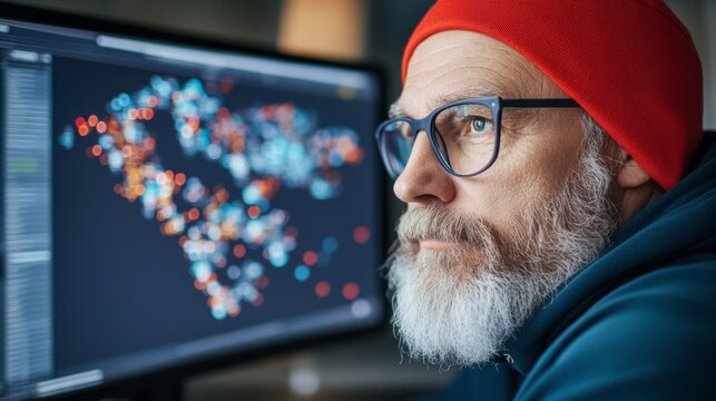 Bearded Man crypto trader analyst wearing eyeglasses looking at computer screens with world map with marks - Powered by Adobe