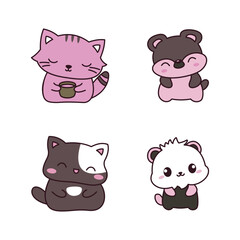 Set of Cheerful Cute Funny Cat Kitten Koala Panda Animal Mascot Cartoon Character Tilting Head