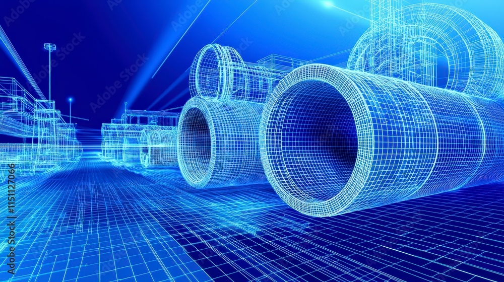 Poster industrial wireframe design 3d model of pipes and structures