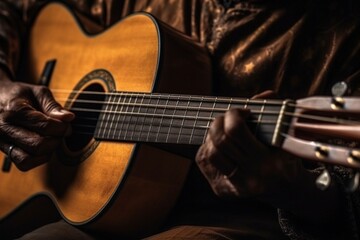 Fototapeta premium Close-up of hands playing guitar, talented African-American musician, unrecognizable male artist, fingers on strings, musical notes and chords, AI Generative