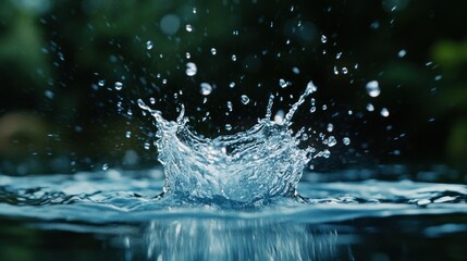 A serene yet dynamic scene of clear blue water droplets splashing in mid-air, frozen in time with perfect clarity. The motion and purity of the water symbolize natural vitality,