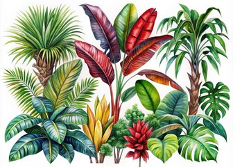 Tropical Botanicals: Red Exotic Leaves, Coconut Palm, Monstera, Banana