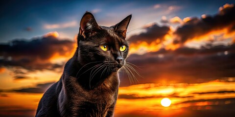A sleek black cat, subtly marked brown, silhouetted against the night's dark canvas.