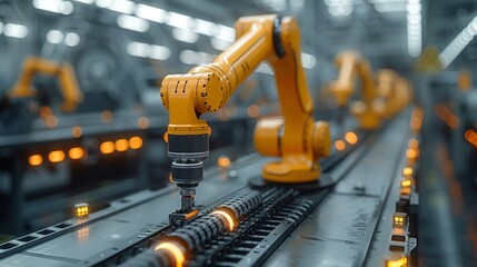 Yellow robotic arm working on an assembly line. AI generative. .