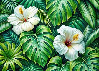 Naklejka premium Tropical Green Plant Wallpaper - White Leaves, Organic Hibiscus Pattern
