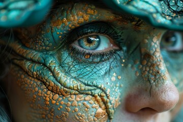 Naklejka premium Close up of a green and gold textured eye with long eyelashes. AI generative. .