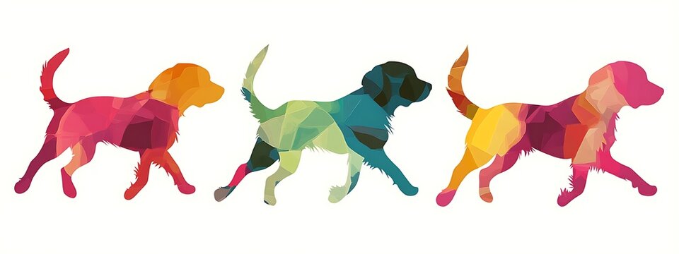 Three colorful polygonal dogs walking.